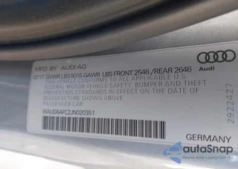 2018 Audi A6 2.0T Premium z USA, uszkodzony, nr VIN WAUD8AFC2JN020351